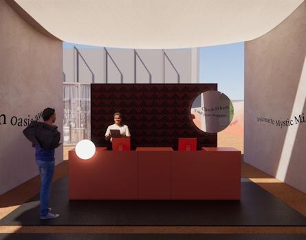 Mzllah - Mystic Mirage is an immersive Emirati-inspired coffee pop-up design by Studio Königshausen in Dubai, United Arab Emirates. Within a 9000 sqm space, desert landscapes are reimagined with vibrant colours, mirrors, and contemporary designs, offering an arty twist to traditional elements.